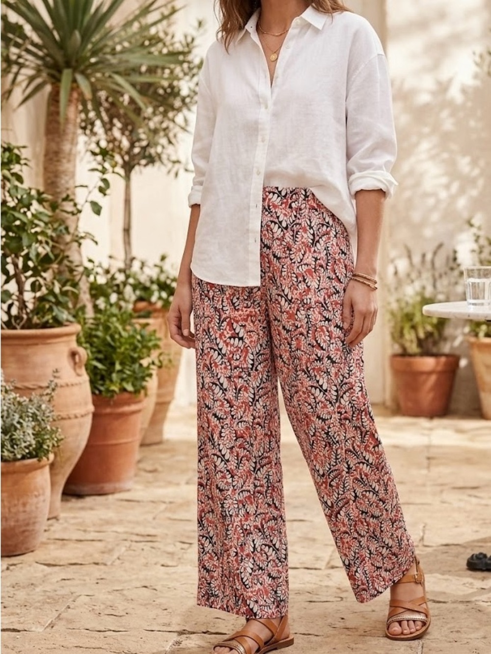 Maeve Printed Wide-Leg Pants in Coral & Navy